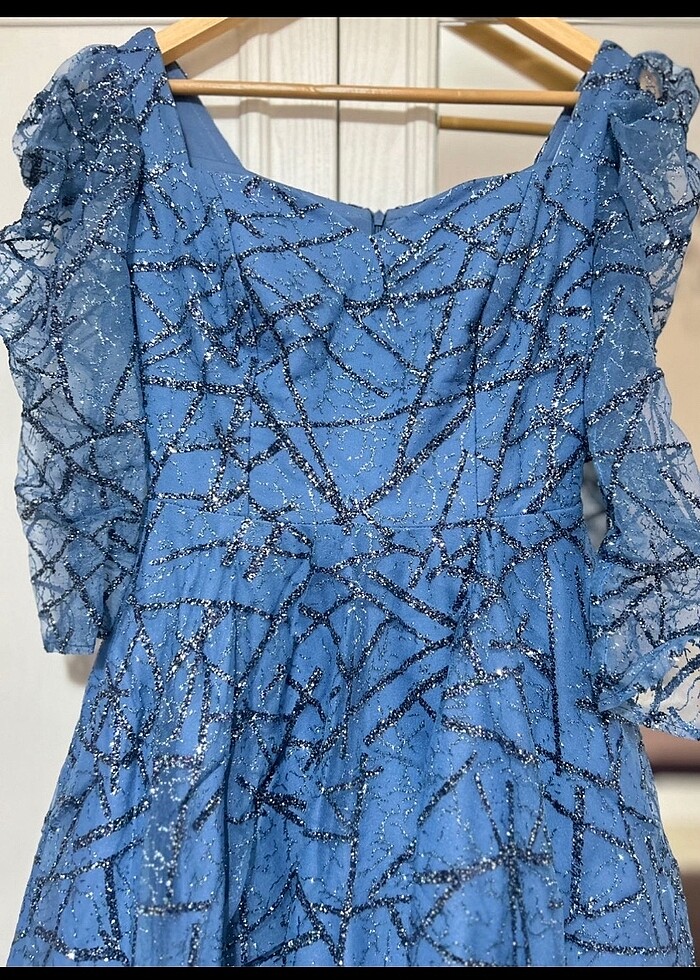 Mavi renkli 3/4 kollu midi gece elbisesi - Görsel 2