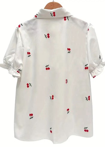 Kiraz Çiçeği Baskılı Beyaz Kısa Kollu Kadın Gömlek - Görsel 2