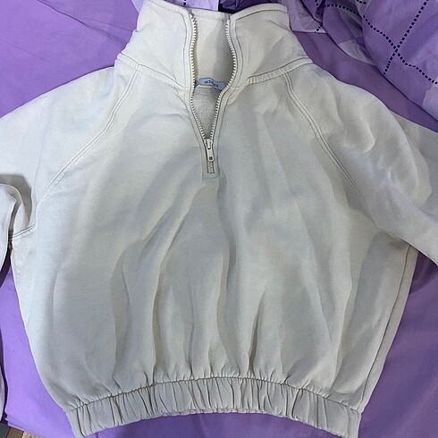 Addax bej fermuarlı yakalı crop sweatshirt kısa lastikli