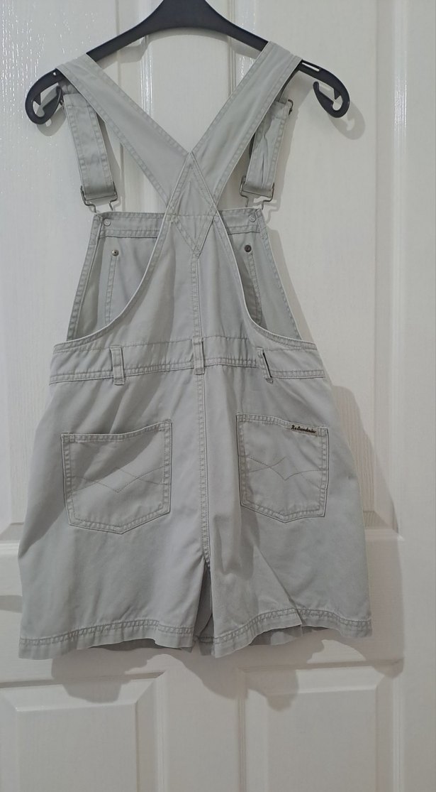 Bej Kadın Kısa Askılı Denim Tulum - Görsel 3