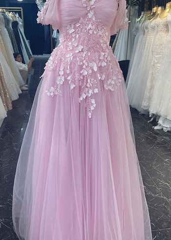 Pudra Pembe Dantel İşlemeli Uzun Abiye