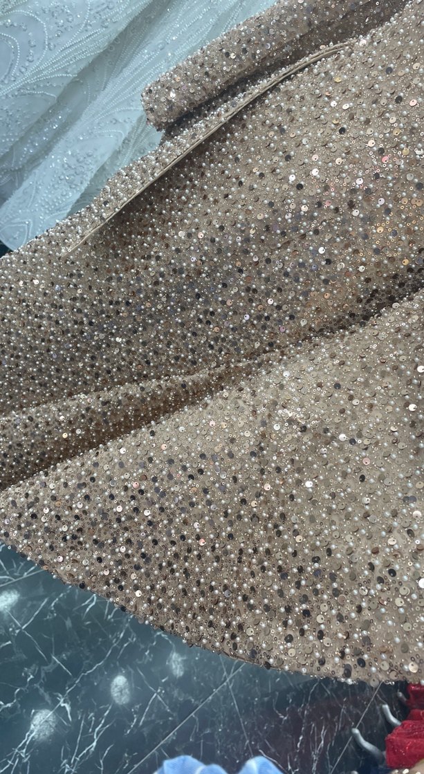 Bej Parlak Drapeli Uzun Abiye Elbise - Görsel 5