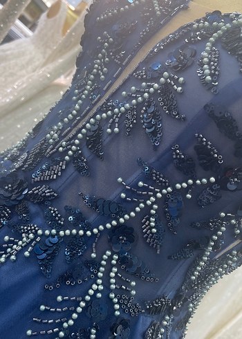 Boncuk İşlemeli Lacivert Uzun Abiye Elbise SATILIK - Görsel 7