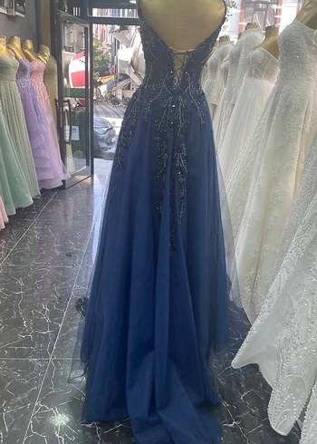 Boncuk İşlemeli Lacivert Uzun Abiye Elbise SATILIK - Görsel 5