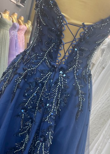 Boncuk İşlemeli Lacivert Uzun Abiye Elbise SATILIK - Görsel 6