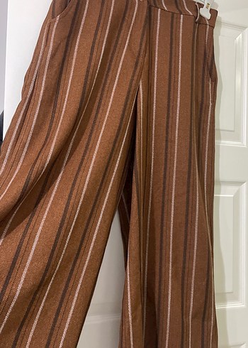 Kadın Kahverengi Çizgili Bol Kesim Pantolon - Görsel 2