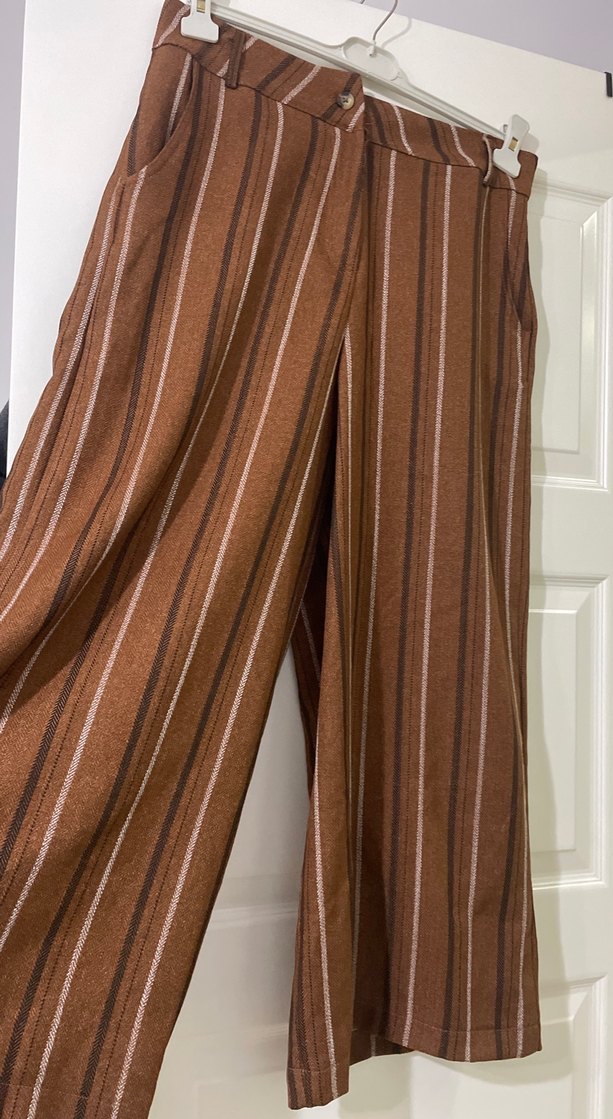 Kadın Kahverengi Çizgili Bol Kesim Pantolon - Görsel 2