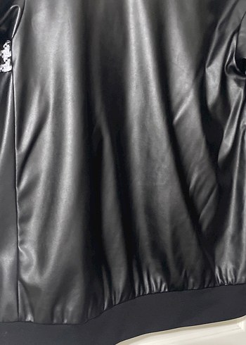 Düğmeli Siyah Deri Desenli Bomber Ceket - Görsel 8