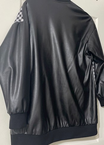 Düğmeli Siyah Deri Desenli Bomber Ceket - Görsel 7