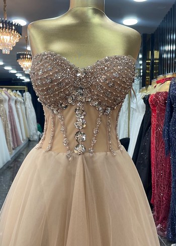 İnci İşlemeli Straplez Uzun Abiye - Görsel 2