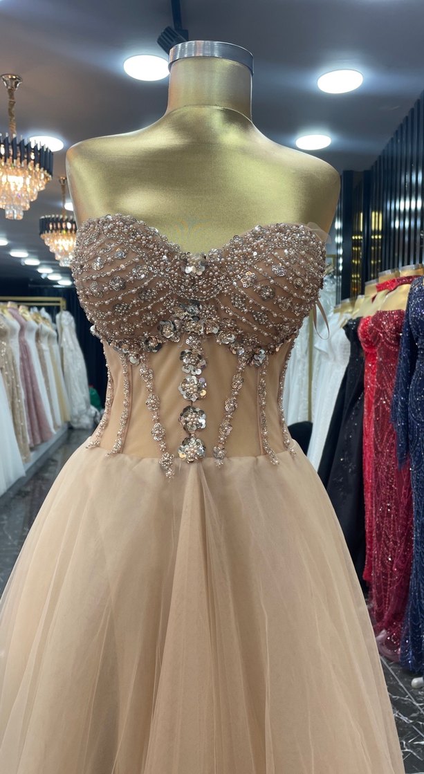 İnci İşlemeli Straplez Uzun Abiye - Görsel 2