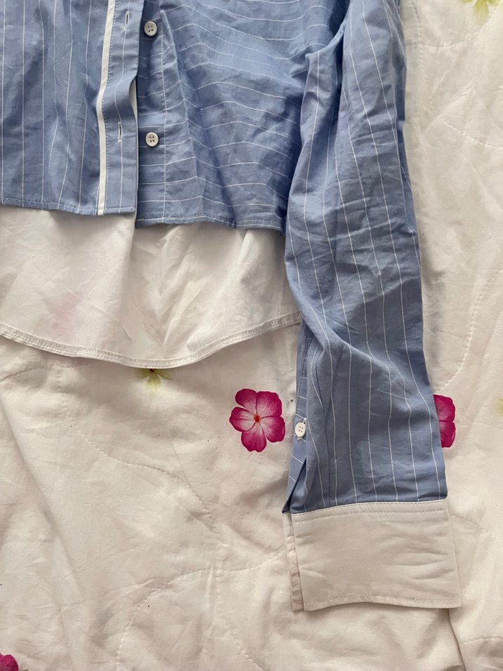 Düğmeli Mavi Keten Gömlek - Görsel 2