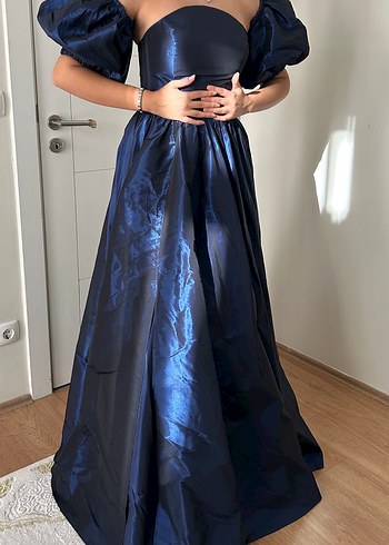 Lacivert Drapeli Uzun Straplez Abiye Elbise - Görsel 4
