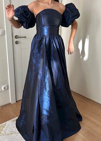 Lacivert Drapeli Uzun Straplez Abiye Elbise - Görsel 5