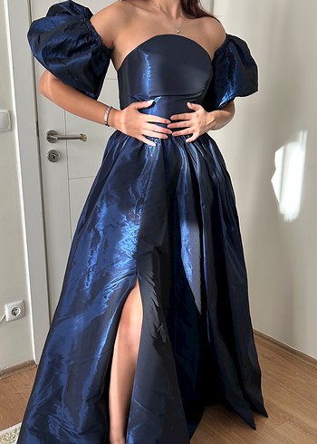 Lacivert Drapeli Uzun Straplez Abiye Elbise - Görsel 3