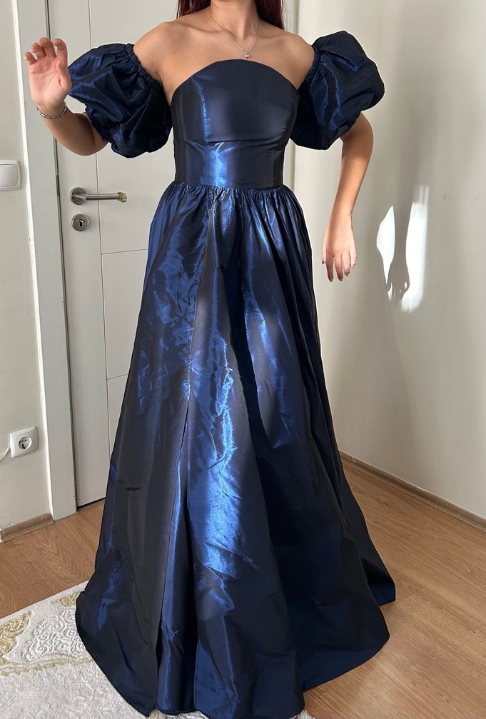 Lacivert Drapeli Uzun Straplez Abiye Elbise - Görsel 5