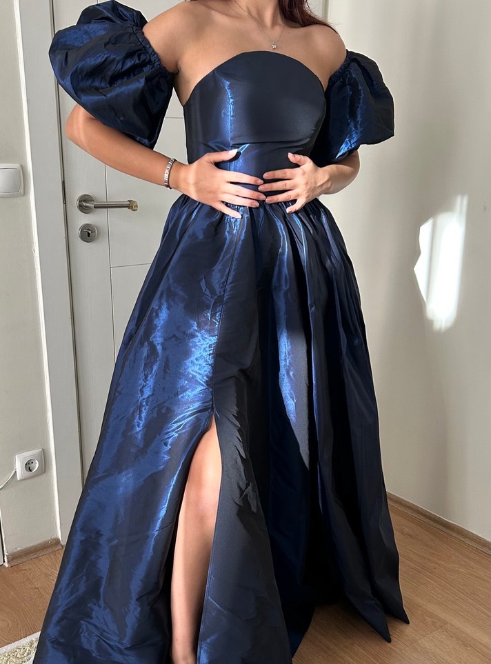 Lacivert Drapeli Uzun Straplez Abiye Elbise - Görsel 3