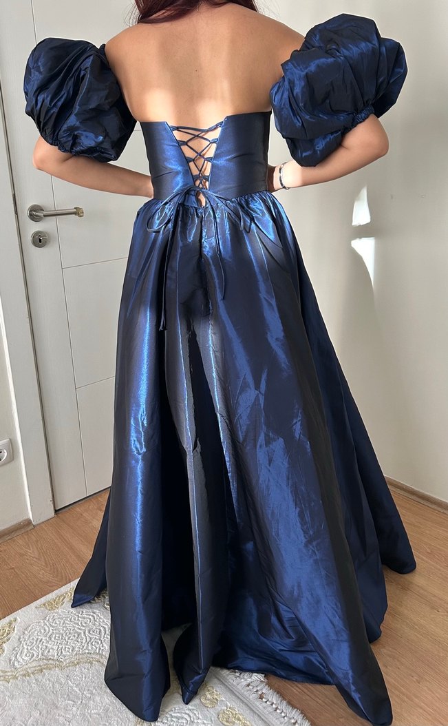 Lacivert Drapeli Uzun Straplez Abiye Elbise - Görsel 2