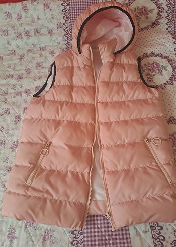 Pembe Kapüşonlu Fermuarlı çocuk Yelek