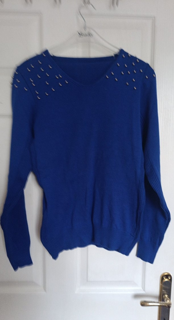 Mavi Kadın Triko Kazak, Uzun Kollu, İnce Kesim - Görsel 2