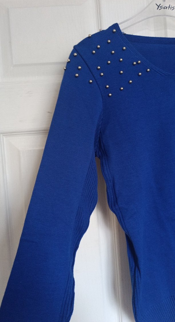 Mavi Kadın Triko Kazak, Uzun Kollu, İnce Kesim - Görsel 3