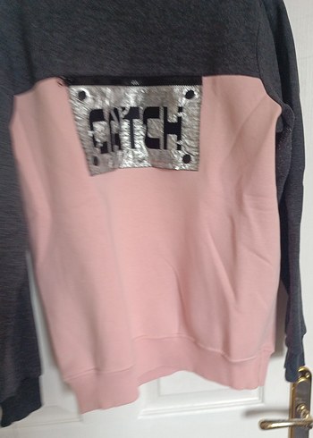 Gri-Pembe Baskılı Fermuarlı Kadın Sweatshirt - Görsel 4