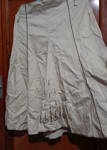 Bej Midi Keten Pilili Kadın Etek - Görsel 2