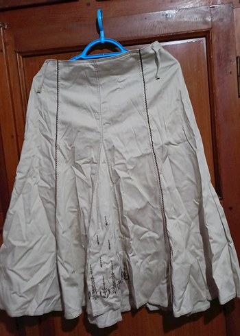 Bej Midi Keten Pilili Kadın Etek - Görsel 3