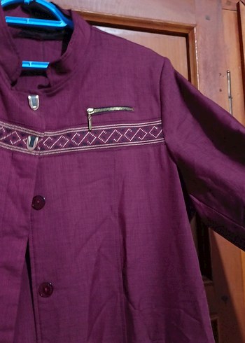 Kadın Mor Uzun Keten Düğmeli Kaban - Görsel 5