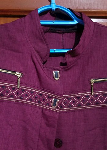 Kadın Mor Uzun Keten Düğmeli Kaban - Görsel 4