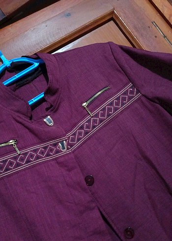 Kadın Mor Uzun Keten Düğmeli Kaban - Görsel 6