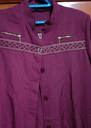 Kadın Mor Uzun Keten Düğmeli Kaban - Görsel 3