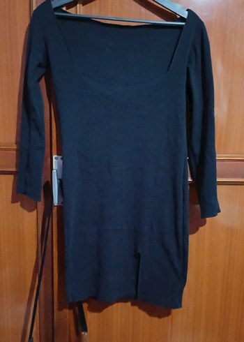 Siyah Süet V Yaka Uzun Kollu Triko Elbise - Görsel 2