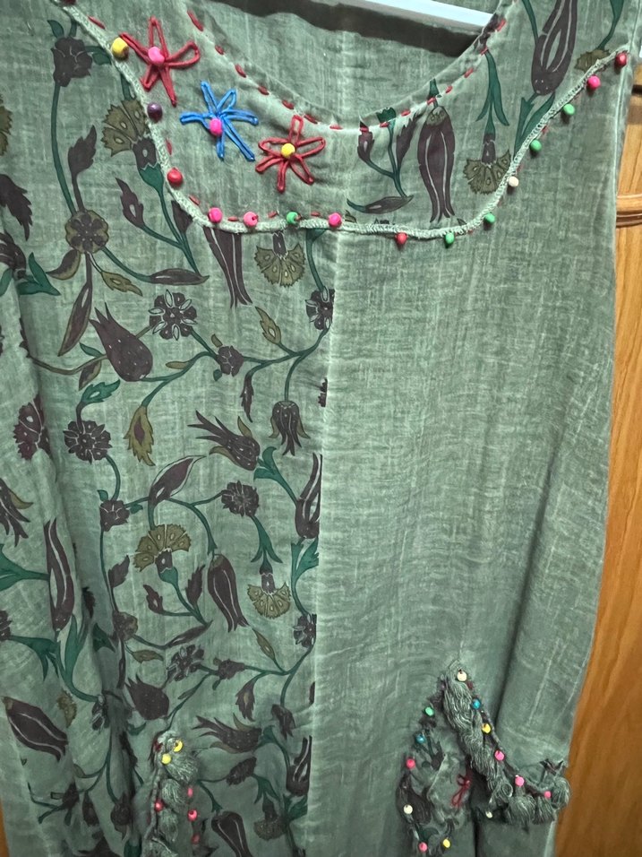 Nakışlı Boncuklu Keten Bohem Uzun Elbise - Görsel 2