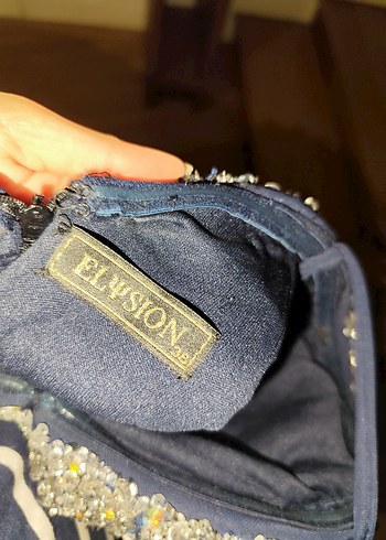 Koyu Mavi Payetli boncuklu taşlı V Yaka Abiye Elbise - Görsel 5