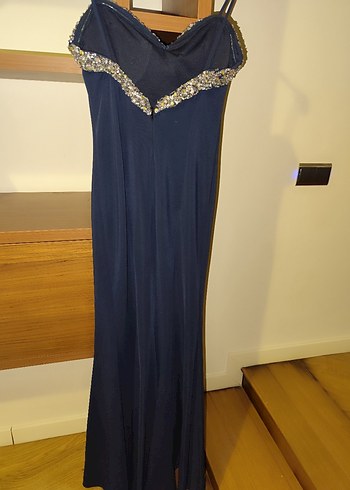 Koyu Mavi Payetli boncuklu taşlı V Yaka Abiye Elbise - Görsel 7
