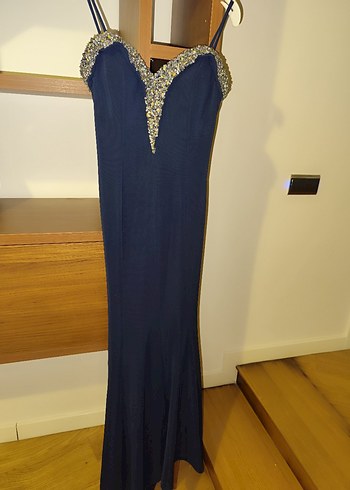 Koyu Mavi Payetli boncuklu taşlı V Yaka Abiye Elbise - Görsel 6