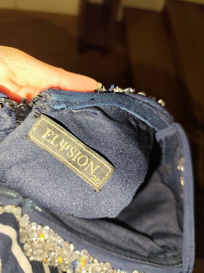 Koyu Mavi Payetli boncuklu taşlı V Yaka Abiye Elbise - Görsel 5