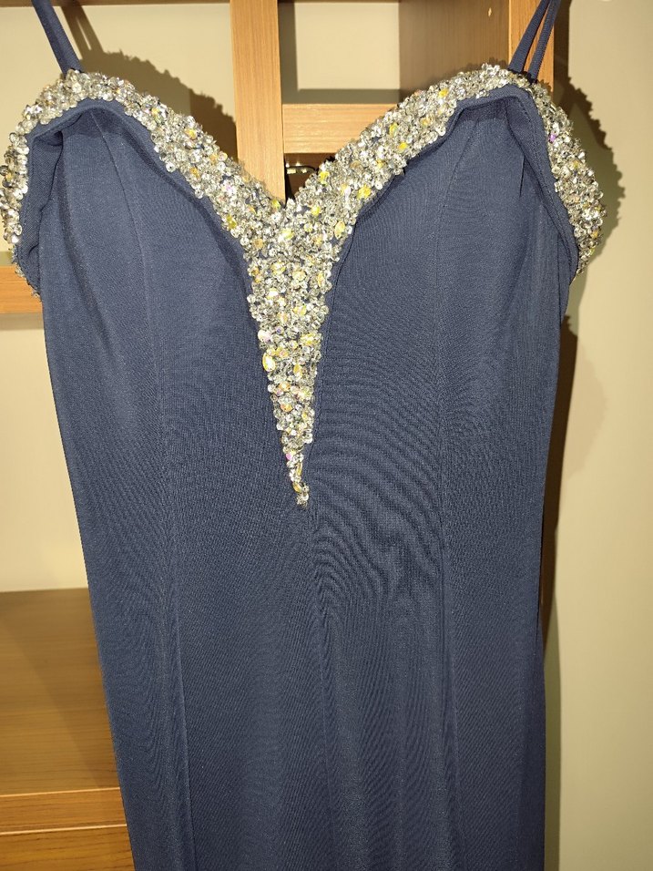 Koyu Mavi Payetli boncuklu taşlı V Yaka Abiye Elbise - Görsel 2