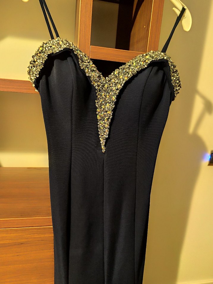 Koyu Mavi Payetli boncuklu taşlı V Yaka Abiye Elbise - Görsel 4