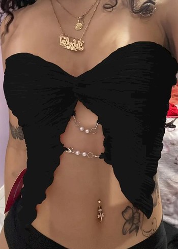 Zincir Detaylı Siyah Straplez Tank Top