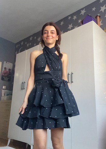 Vintage Love Siyah Puantiyeli Katmanli Mini Elbise