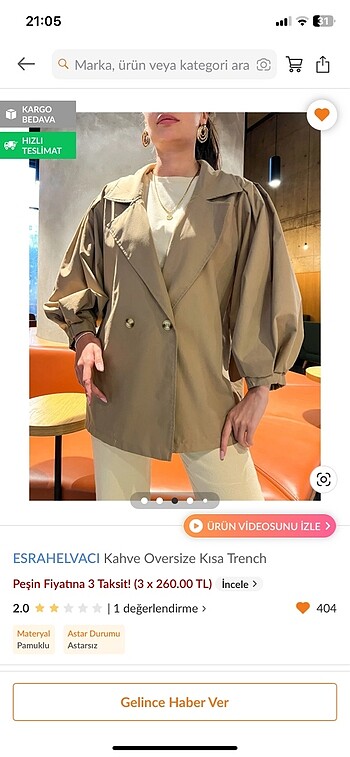 Trendyol & Milla Kahverengi oversize kısa trench