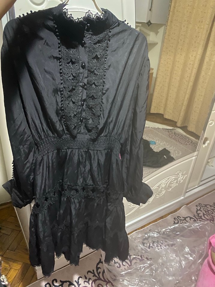 Siyah Uzun Kollu Gotik Midi Elbise - Görsel 2