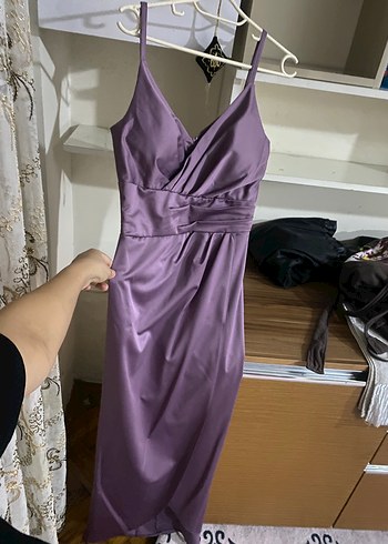 Mor Drapeli Uzun Straplez Abiye Elbise - Görsel 4