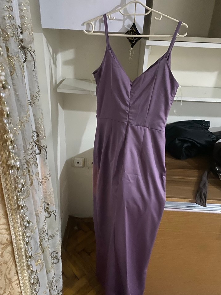 Mor Drapeli Uzun Straplez Abiye Elbise - Görsel 2