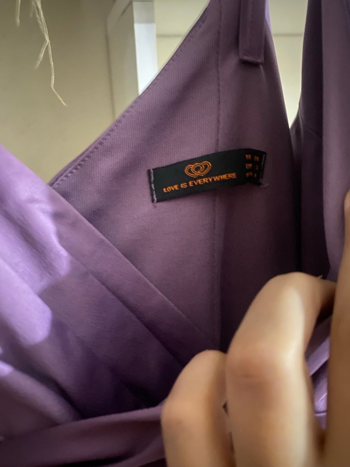 Mor Drapeli Uzun Straplez Abiye Elbise - Görsel 3