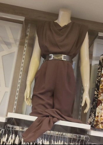 Kahverengi V Yakalı Kemerli Midi Tulum - Görsel 2