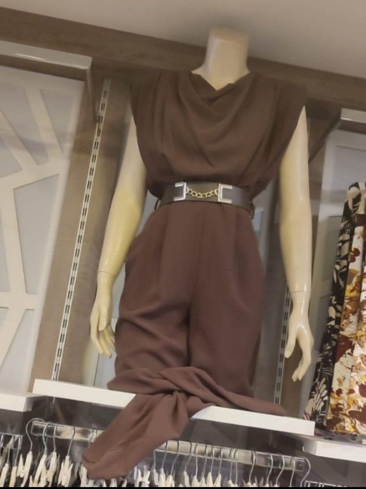 Kahverengi V Yakalı Kemerli Midi Tulum - Görsel 2