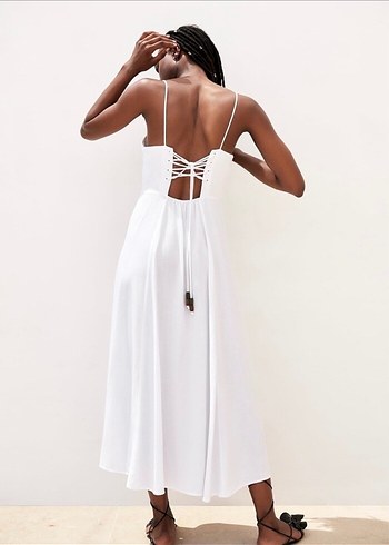 Zara Kadın Beyaz Midi Keten Askılı Elbise